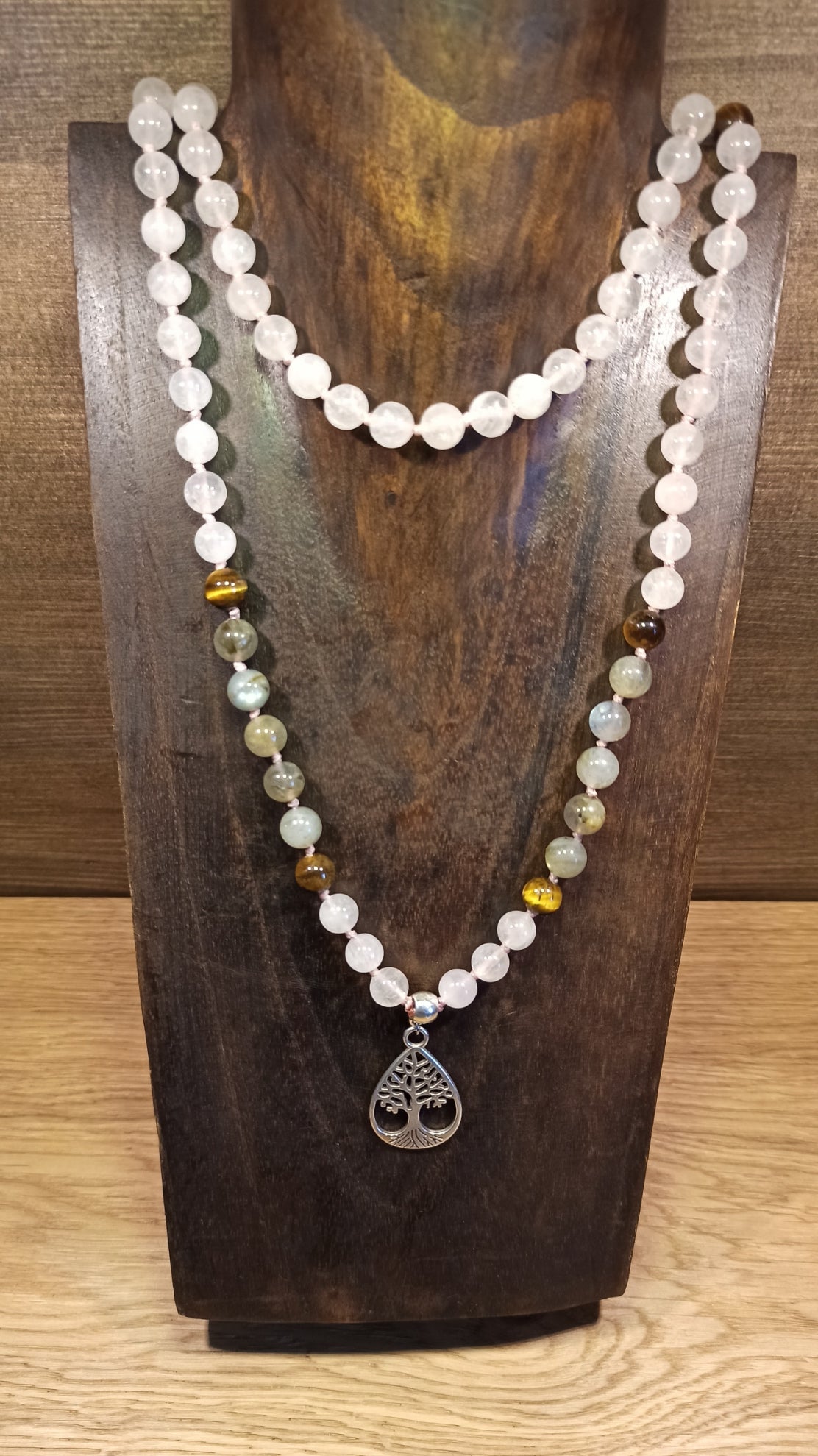 Mala Quartz rose Labradorite œil du tigre
