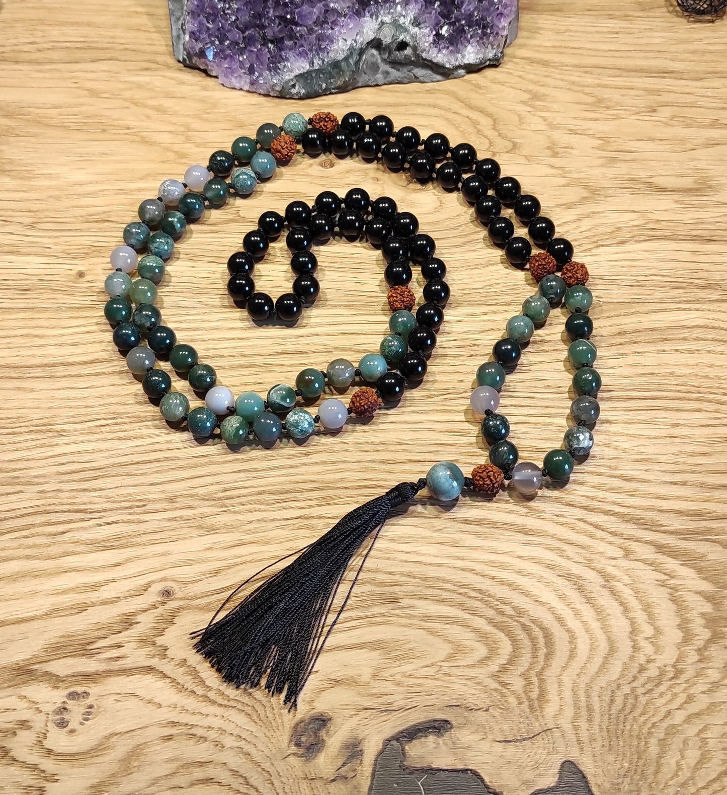 Mala Onyx, Agate mousse et graines de rudraksha
