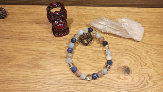 Bracelet Aigue-marine, cristal de roche, Pierre de lune, Dumortiérite
