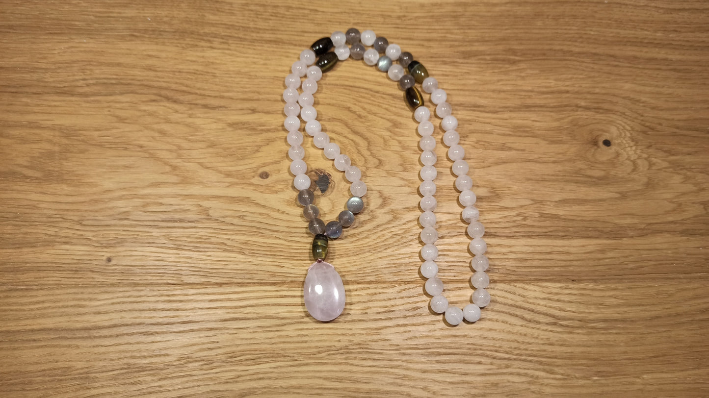 Collier Quartz rose, Labradorite œil de Faucon