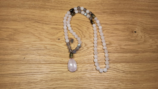 Collier Quartz rose, Labradorite œil de Faucon