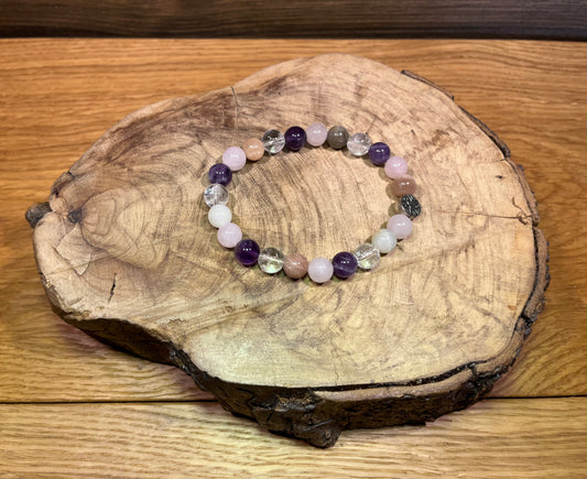 Bracelet Pierres de lune, Quartz rose, Améthyste et Cristal de roche