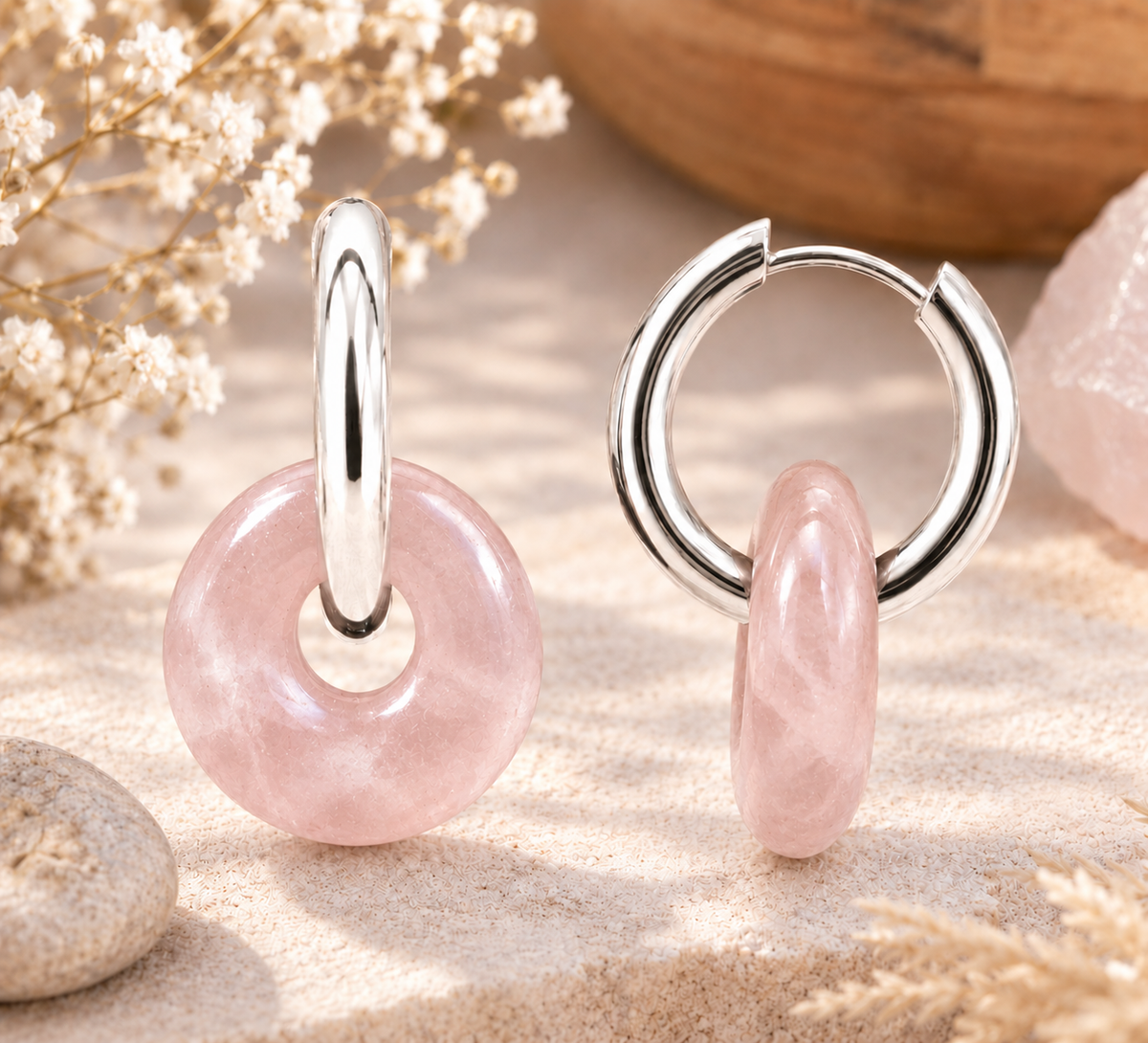 Quartz Rose - Boucles d’oreilles - Acier Inoxydable