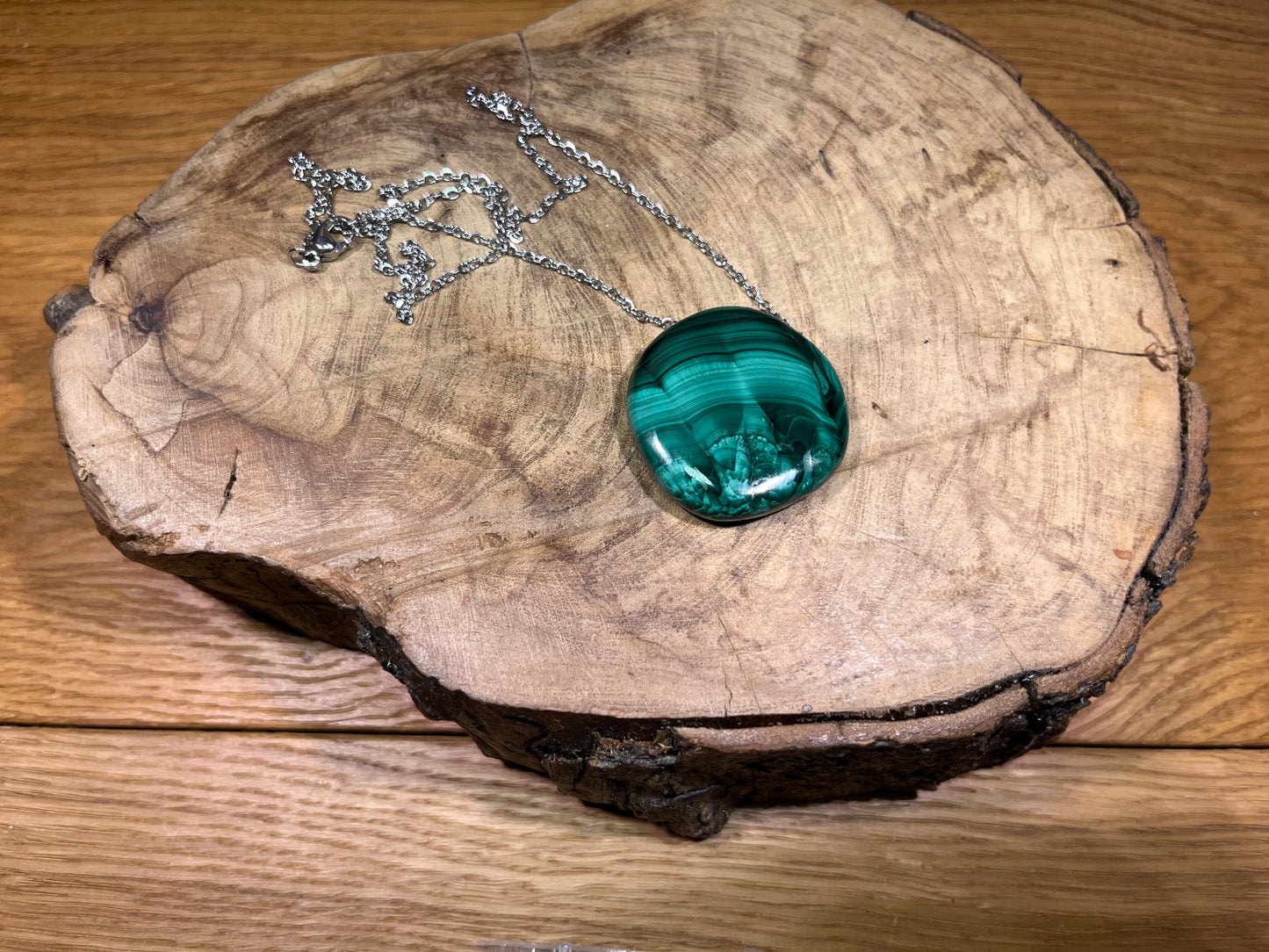 Malachite – Pendentif rond avec chaîne en acier inoxydable