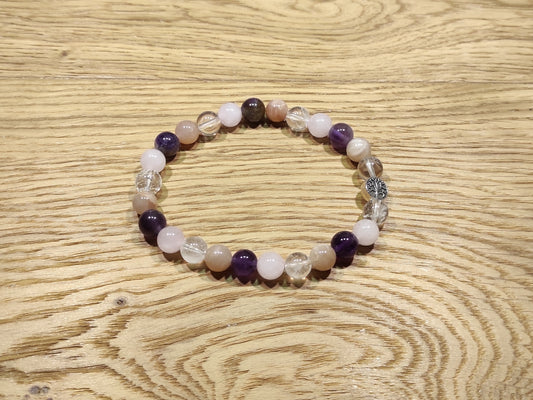 Bracelet Pierres de lune, Quartz rose, Améthyste et Cristal de roche